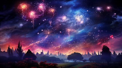 A wonderful fireworks display among the stars in a suburban night sky. - obrazy, fototapety, plakaty