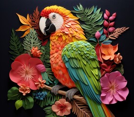 a colorful parrot on a branch with flowers