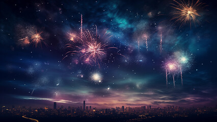 A wonderful fireworks display among the stars in a suburban night sky.