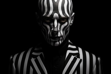 Fototapeta na wymiar A Man Wearing a Formal Suit with Black & White Optical Illusion Face Painting Against a Black Background. Creepy businessman staring with an intense expression with asymmetrical monotone face painting