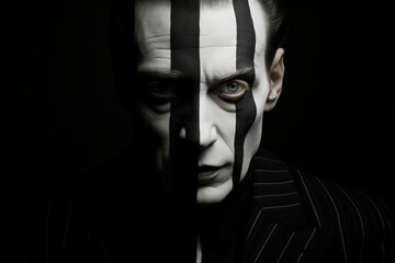 A Man Wearing a Formal Suit with Black & White Optical Illusion Face Painting Against a Black Background. Creepy businessman staring with an intense expression with asymmetrical monotone face painting