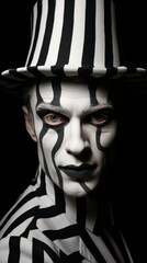 A Man in a striped Suit & Hat with Black & White Optical Illusion Face Painting Against a Black Background. Creepy man staring with an intense expression with asymmetrical monotone face painting