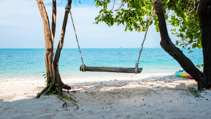 a swing under a tree at the beach of Ko Kham Island Sattahip Chonburi Samaesan Thailand, a tropical...