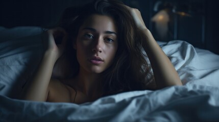 asian woman in bed late trying to sleep suffering insomnia, sleepless or scared in a nightmare, looking sad worried and stressed. Tired and headache or migraine waking up in the middle of the night.