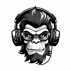 Ai Generated Black and white silhouette of a gorilla wearing earphones.