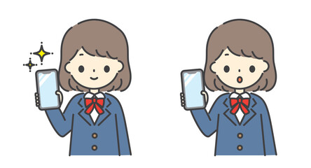 ピカピカのスマホを持つ女子学生の表情違いイラスト