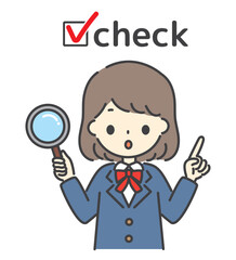 虫眼鏡をもってチェック項目を確認する女子学生のイラスト