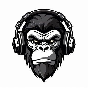 Ai Generated Black and white silhouette of a gorilla wearing earphones. skull with headphones