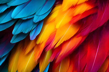 Fototapeta premium Close up of colorful blue, yellow and red feathers of exotic parrot bird