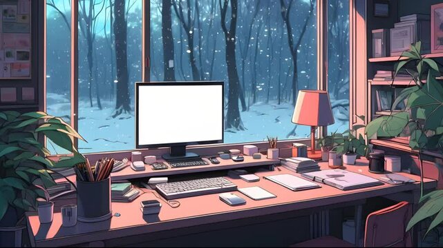 luxury living room, animated virtual background, stream overlay loop, the work space faces the window with background of snowfall, lofi hip hop music anime relaxed atmospheric, Looping Video Animated.