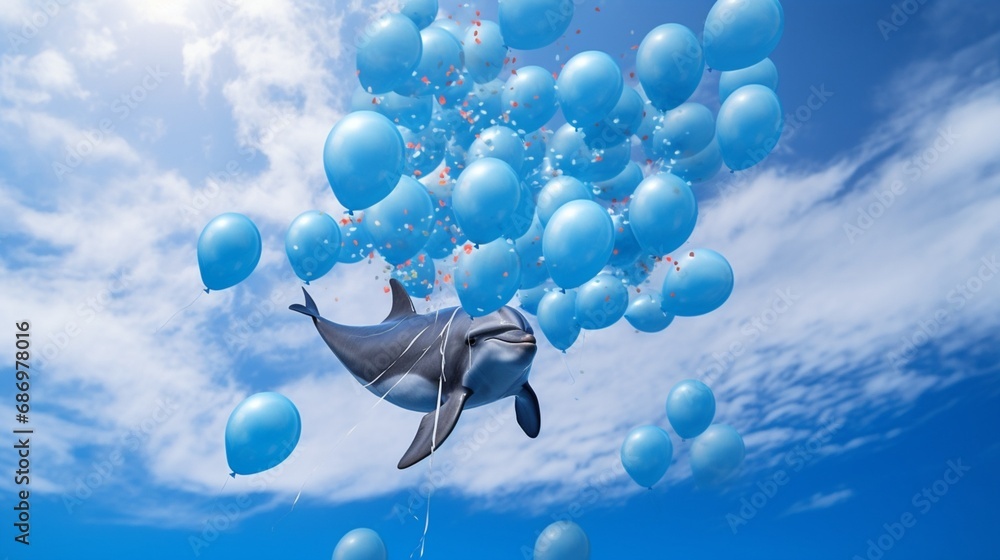 Wall mural Playful dolphins leaping out of the water through a hoop of floating balloons in the ocean. - Wall murals