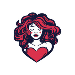 Beautiful girl with long curly hair and red heart. Vector illustration.