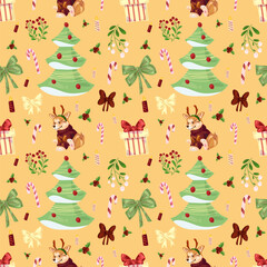 Seamless childish warm yellow hand drawing Christmas pattern with welsh corgi, Christmas tree, mistletoe, candies, candles
