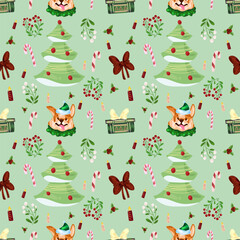 Seamless childish mint hand drawing Christmas pattern with welsh corgi, Christmas tree, mistletoe, candies, candles