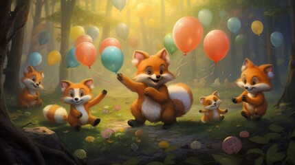 Playful fox cubs frolicking among vibrant balloons in a delightful woodland setting.