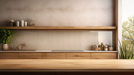 Empty Wooden Countertop Display with Kitchen