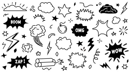 Doodle Comic element vector. Boom, bubble Cartoon Splash, flash illustration set in black and white color