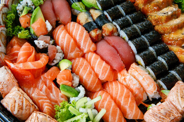 Assorted Sushi Nigiri and Maki Big Set on Slate. A Variety of Japanese Sushi with Tuna, Crab,...