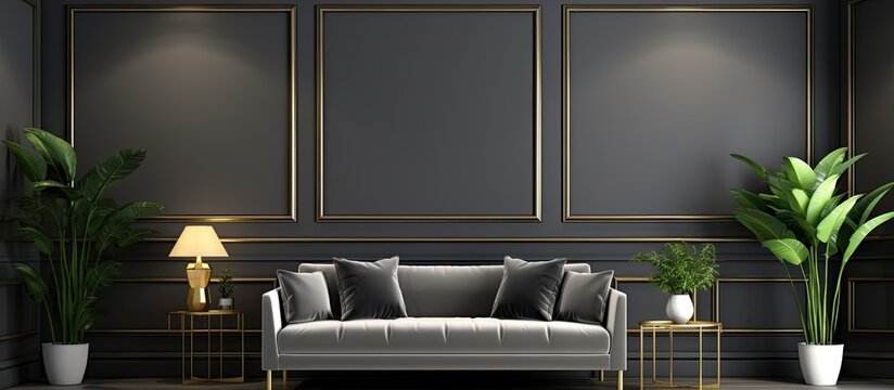 In a dark grey living room, there is a decorative mirror, modern painting, fresh plant, gold lamp, and bright sofa on the wall with molding. - Powered by Adobe