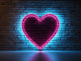 Neon heart with a glow on the background of a dark brick wall, Neon sign pink and blue. Generative Ai