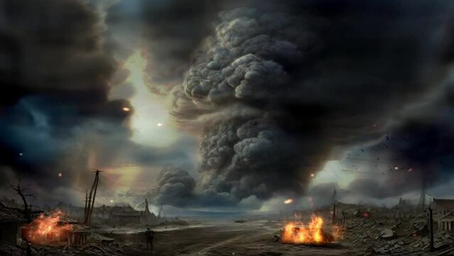 The huge explosion was caused by a bomb. Black smoke rose into the sky and fire raged. World destruction due to war. 4k looping virtual animation overlay