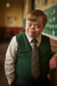 smiling boy with down syndrome, inclusion concept