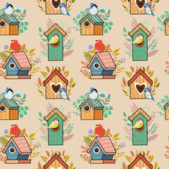 Hand drawn cute bird house, vector illustration art. Seamless pattern.