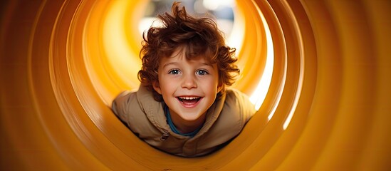 Playful child boy or kid in playground tunnel.