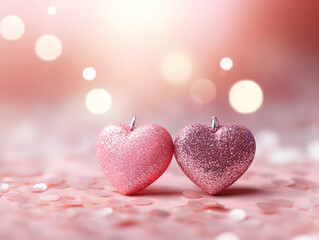 Fototapeta premium Two Hearts On Pink Glitter In Shiny Backgroundm Valentines Day Concept. Generative Ai