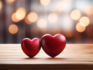 Two Red Valentines Hearts Standing On Wooden Table With Soft Romantic background. Generative Ai