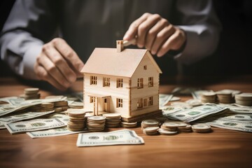 Mortgage new house with banking broker withdraws banknote bills fund wooden housing businessman people insurance background (AI Generator) - obrazy, fototapety, plakaty