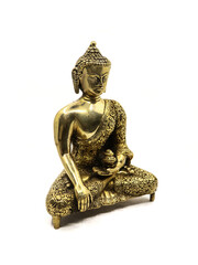 intricate golden statue of buddha meditating in peace handcrafted with beautiful and exquisite details, from a collection of luxury antique objects, isolated in a white background