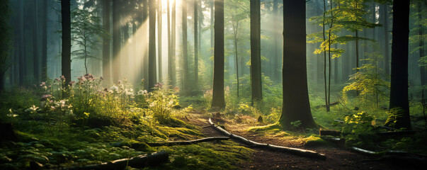 A misty forest with sunbeams in the morning