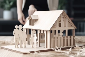 wooden house maquette model with family couple buying dream home (AI Generator) - obrazy, fototapety, plakaty