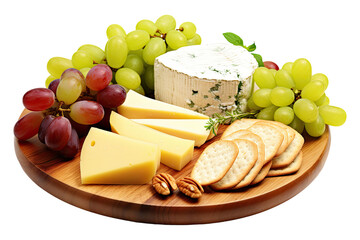 Cheese platter, grapes, crackers, dips, cheese board, on a wooden board