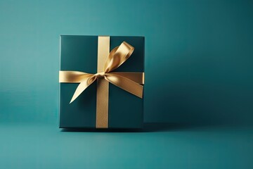 Festive gift celebration. Beautifully wrapped present with ribbon perfect for christmas birthdays and holidays. Surprise in blue box. Decorative with bow ideal for celebrations anniversaries