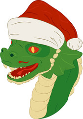 Green wooden dragon baby wearing Santa Claus hat. 
Vector illustration of a wooden little dragon head with a neck in Christmas hat. Baby dragon head in Santa hat with teeth, whiskers, horny scales