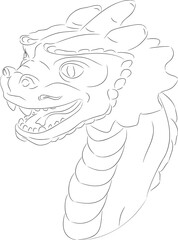 Line art of Newborn green wooden dragon head with neck 
Vector illustration of green wooden little dragon. Baby dragon head with small horns, teeth, whiskers, horny scales and sprouting spines on neck