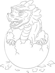 Line art of hatched wooden dragon with paws in egg. 
Vector illustration of a wooden little dragon hatched from an egg. Baby dragon in an egg with paws, small horns, teeth, whiskers, horny scales