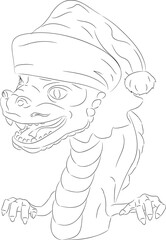 Line art of wooden dragon baby with paws wearing Santa Claus hat. 
Vector illustration of a wooden little dragon head with a neck and paws in Christmas hat. Baby dragon head in Santa hat with teeth