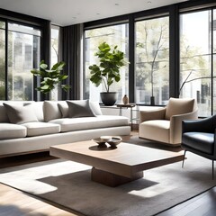 A modern living room with a low-profile coffee table, accent chairs, and large windows