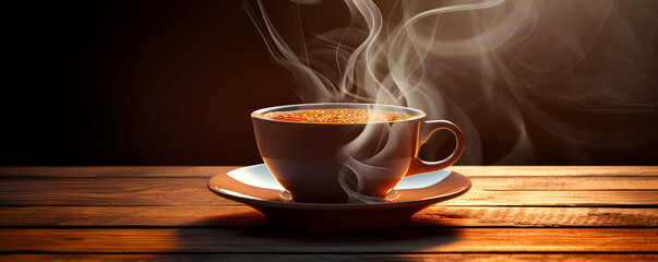 A cup of coffee with steam rising out of it Dark coffee cup on wood table emits steam and dark background Sipping hot cappuccino brings happiness and relaxation   