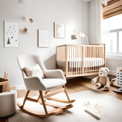  A minimalist nursery with neutral tones, geometric decor, and a cozy rocking chair 