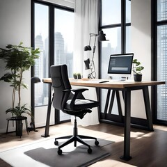 An inviting workspace with a clutter-free desk, ergonomic chair, and large windows 