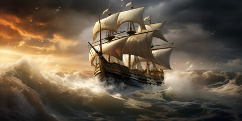 A pirate ship on the high seas during a storm an old ancient pirate galleon A ship with a sail on the bottom and a cloudy sky behind it An Old Ship Sailing In Rough Water Background AI Generative 
  - obrazy, fototapety, plakaty