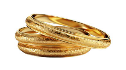 Set of Gold Bangle Bracelets Isolated on Transparent or White Background, PNG