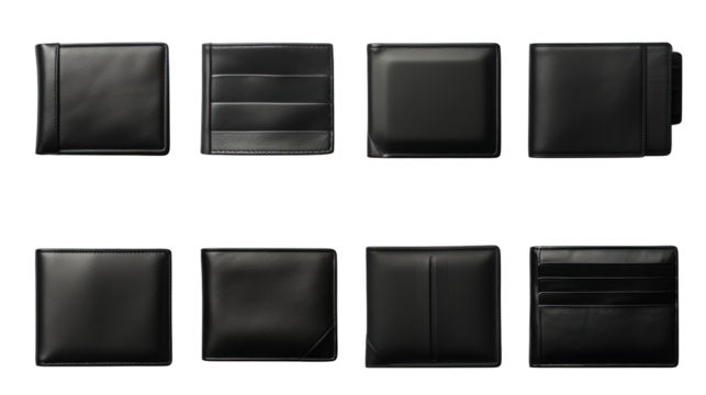 Set of Black Leather Wallets Isolated on Transparent or White Background, PNG