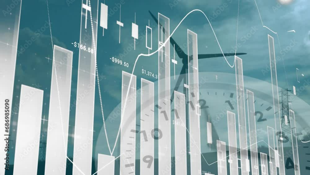Poster animation of statistic charts over wind turbine in field
