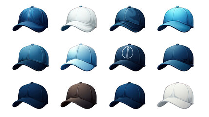 Set of Blue Sports Caps Isolated on Transparent or White Background, PNG