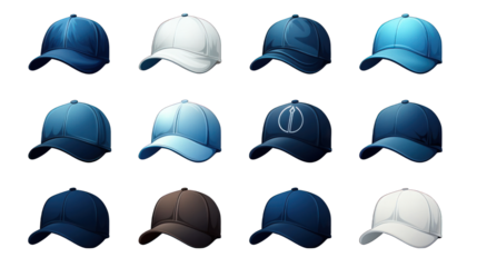 Set of Blue Sports Caps Isolated on Transparent or White Background, PNG